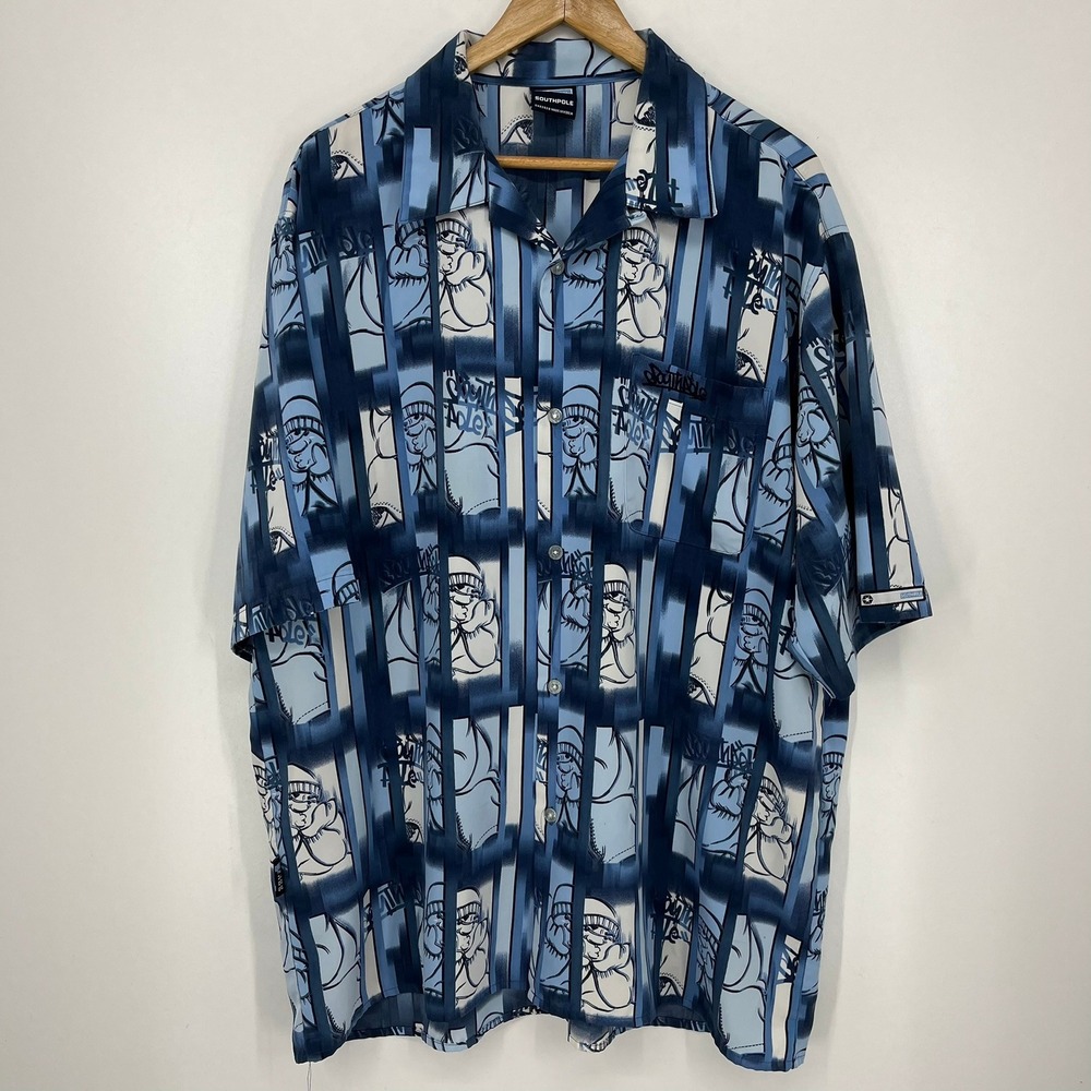 Southpole Mens Blue All Over Graphic Print Short Sleeve Button Down Shirt XL